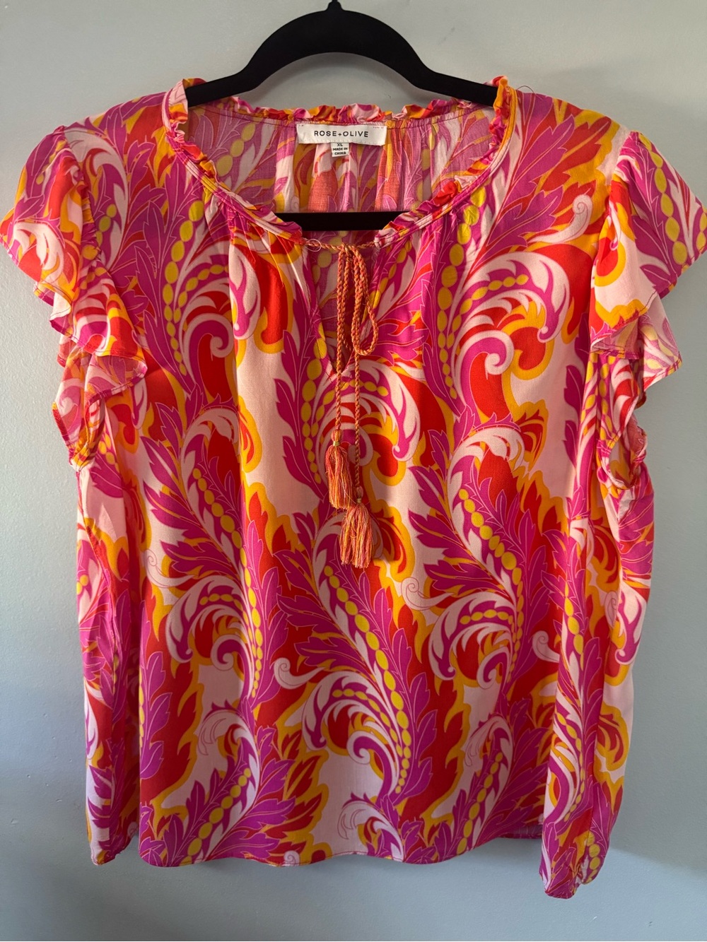 Rose & Olive Pink & Orange Paisley Tassel Flutter Sleeve Top